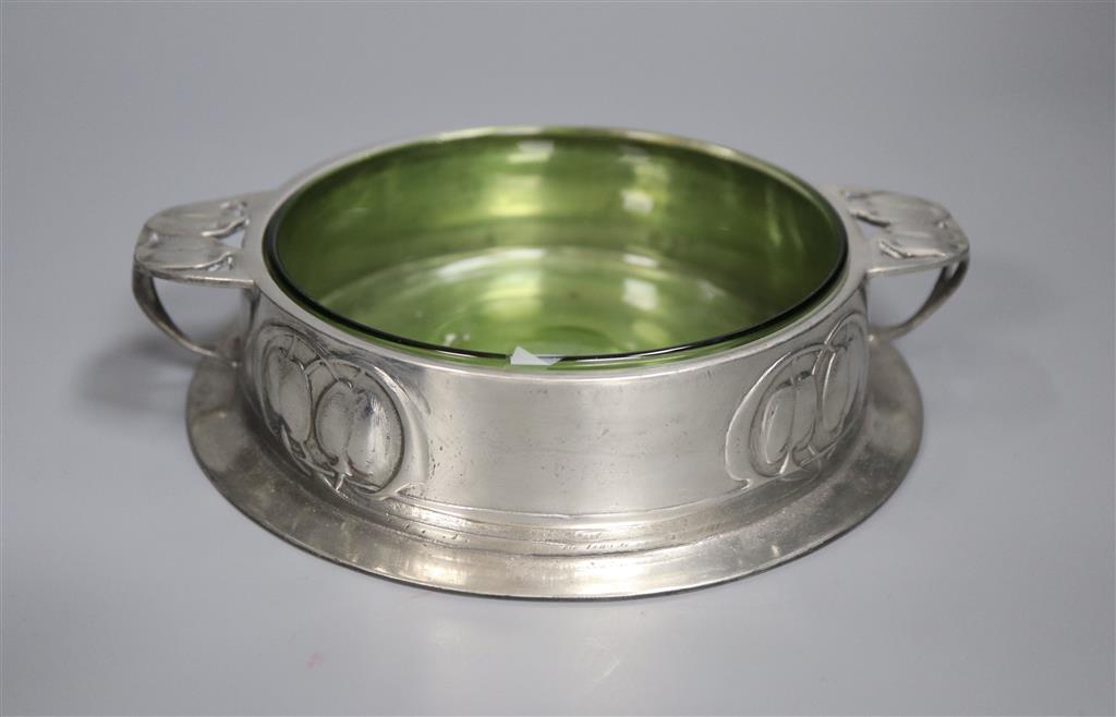 A Libertys Tudric pewter and green glass butter dish, shape no.0163, diameter 16cm